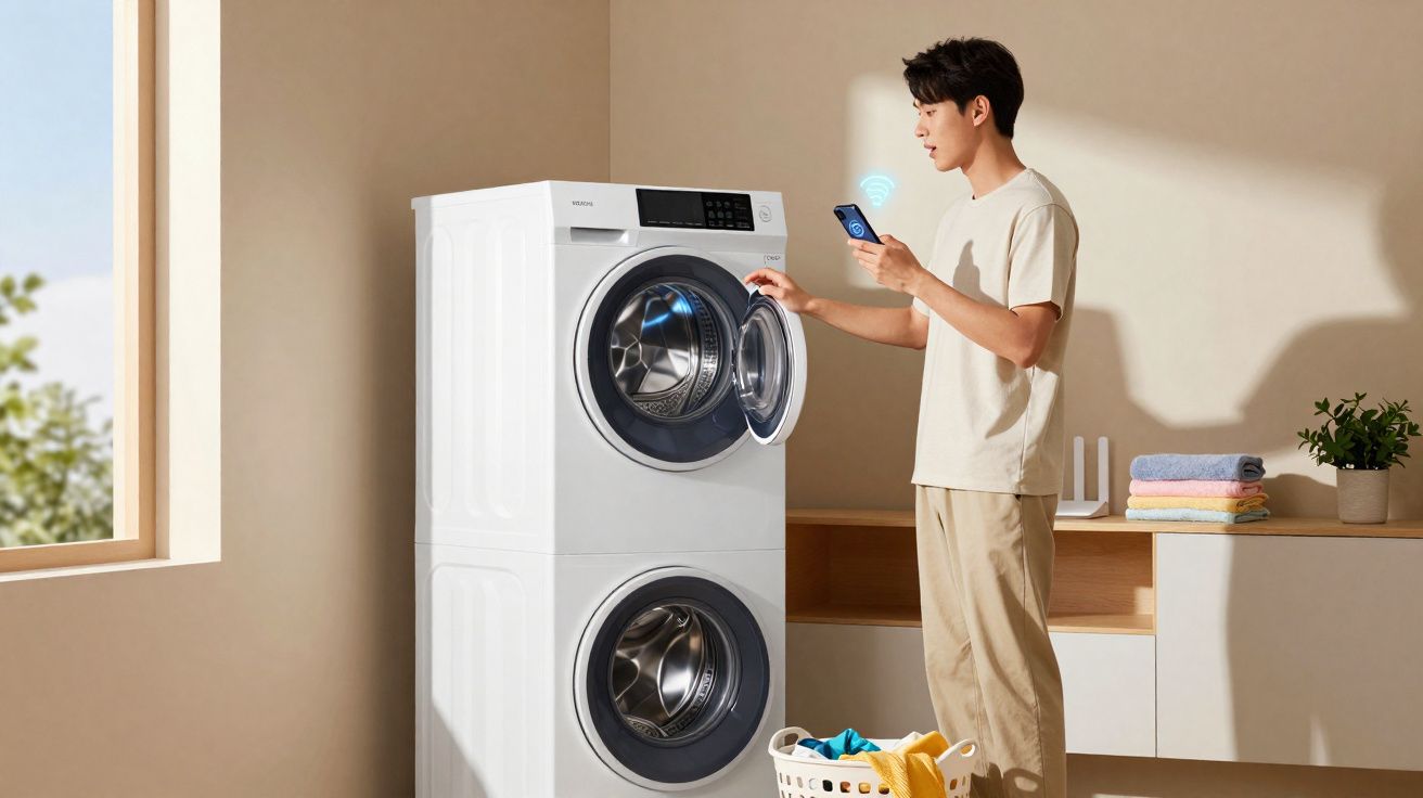Homem a usar telemóvel para controlar máquina de lavar e secar roupa branca numa casa luminosa.