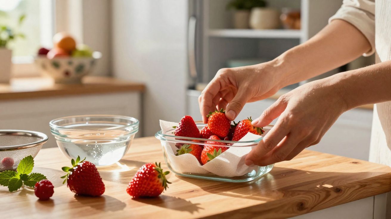 Mãos a colocar morangos frescos num recipiente de vidro sobre uma bancada de cozinha iluminada pelo sol.