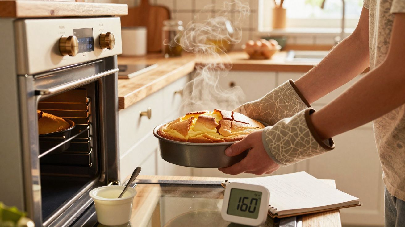 Pessoa a tirar do forno um bolo quente a fumegar numa cozinha moderna e luminosa.