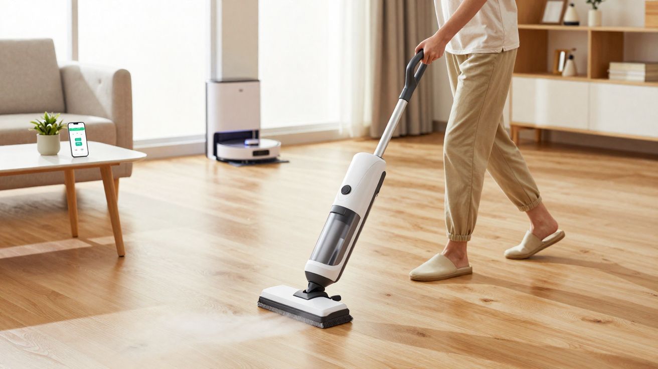 Pessoa a limpar chão de madeira com aspirador a vapor numa sala luminosa e organizada.