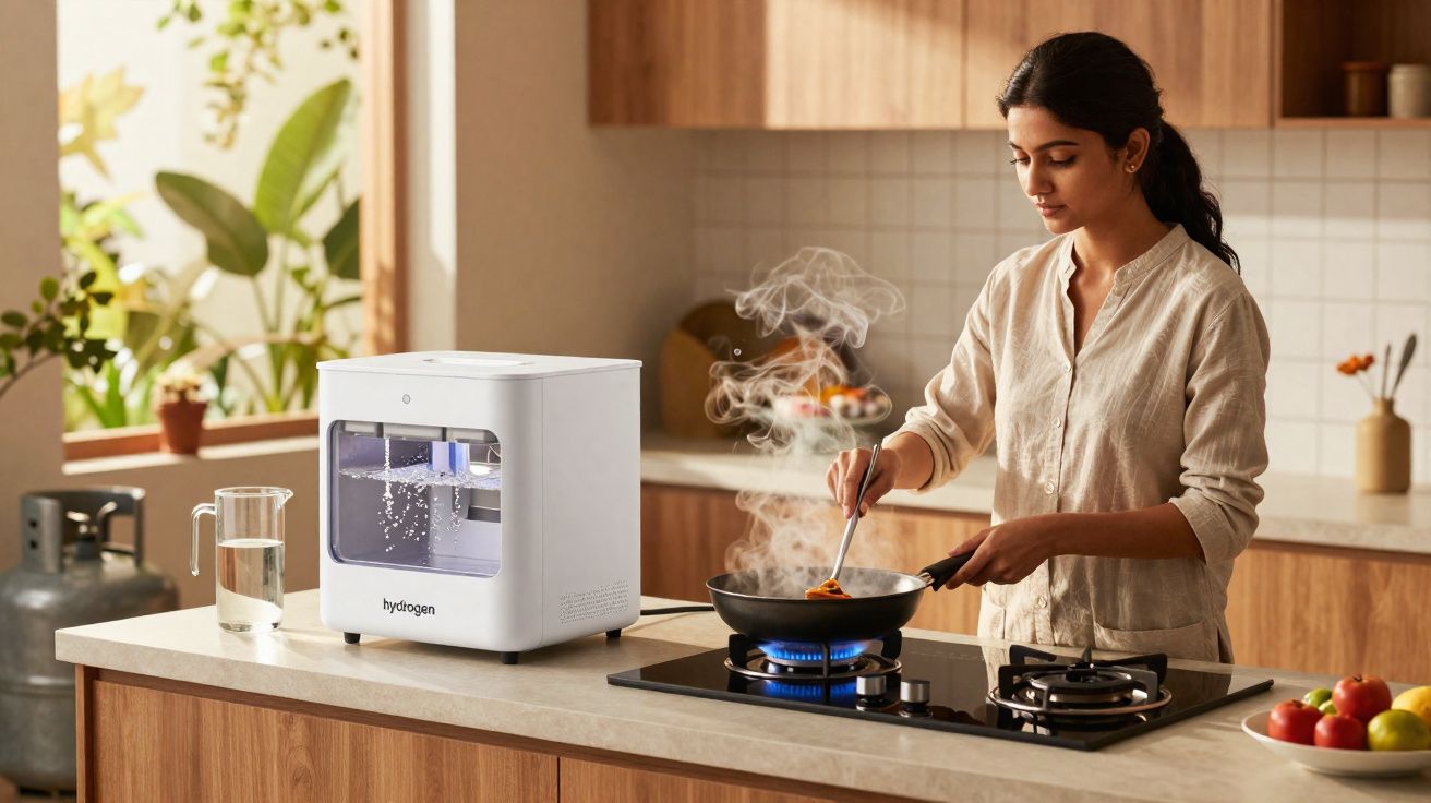 Mulher a cozinhar numa cozinha moderna com um aparelho branco gerador de hidrogénio ao lado.