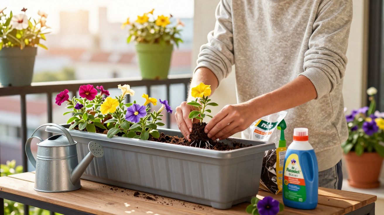 Pessoa a plantar flores coloridas num vaso retangular numa varanda, com regador e fertilizantes à vista.