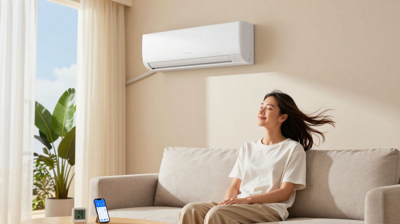 Mulher relaxa no sofá com ar condicionado ligado numa sala clara e moderna com plantas e controlo remoto.