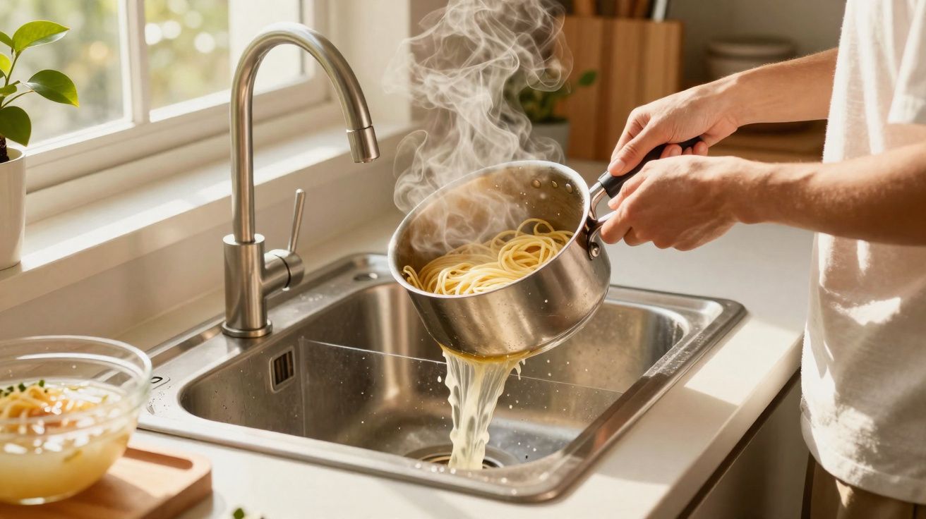 Pessoa a escorrer esparguete quente num tacho sobre uma pia de cozinha moderna com luz natural.