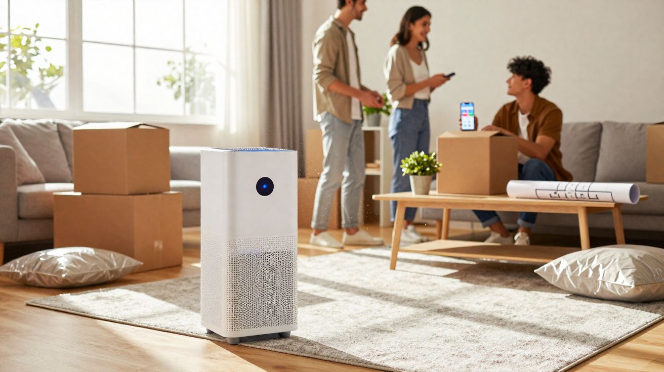 Purificador de ar branco num chão de sala com três pessoas e caixas de mudança ao fundo.