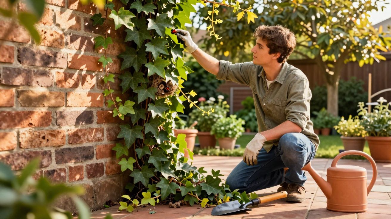 Jovem a cuidar de hera num jardim, com luvas e ferramentas de jardinagem ao lado.