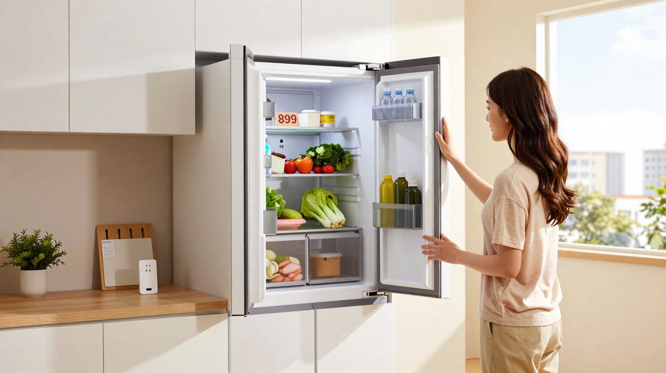 Mulher abre frigorífico moderno embutido em cozinha luminosa com alimentos frescos no interior.