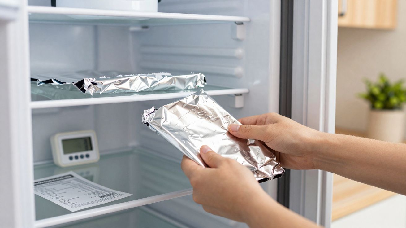 Mãos a guardar alimentos embrulhados em papel de alumínio dentro de um frigorífico vazio.