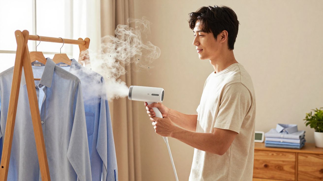 Homem passa a ferro camisas azuis penduradas numa estrutura de madeira com vaporizador branco.