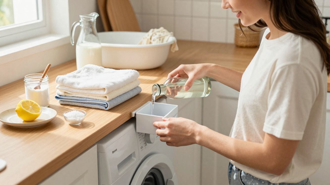 Mulher a verter detergente caseiro numa máquina de lavar roupa numa cozinha iluminada.