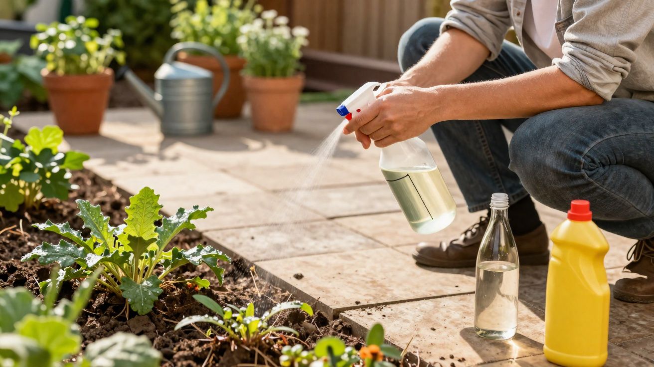 Pessoa a borrifar plantas numa horta urbana com pulverizador num jardim com vasos e regador.