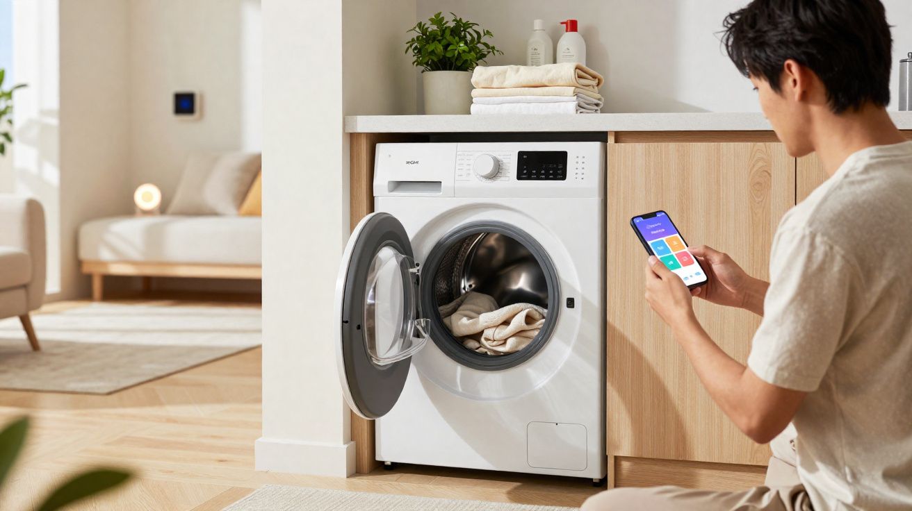 Pessoa controla máquina de lavar roupa branca com smartphone em casa moderna e luminosa.