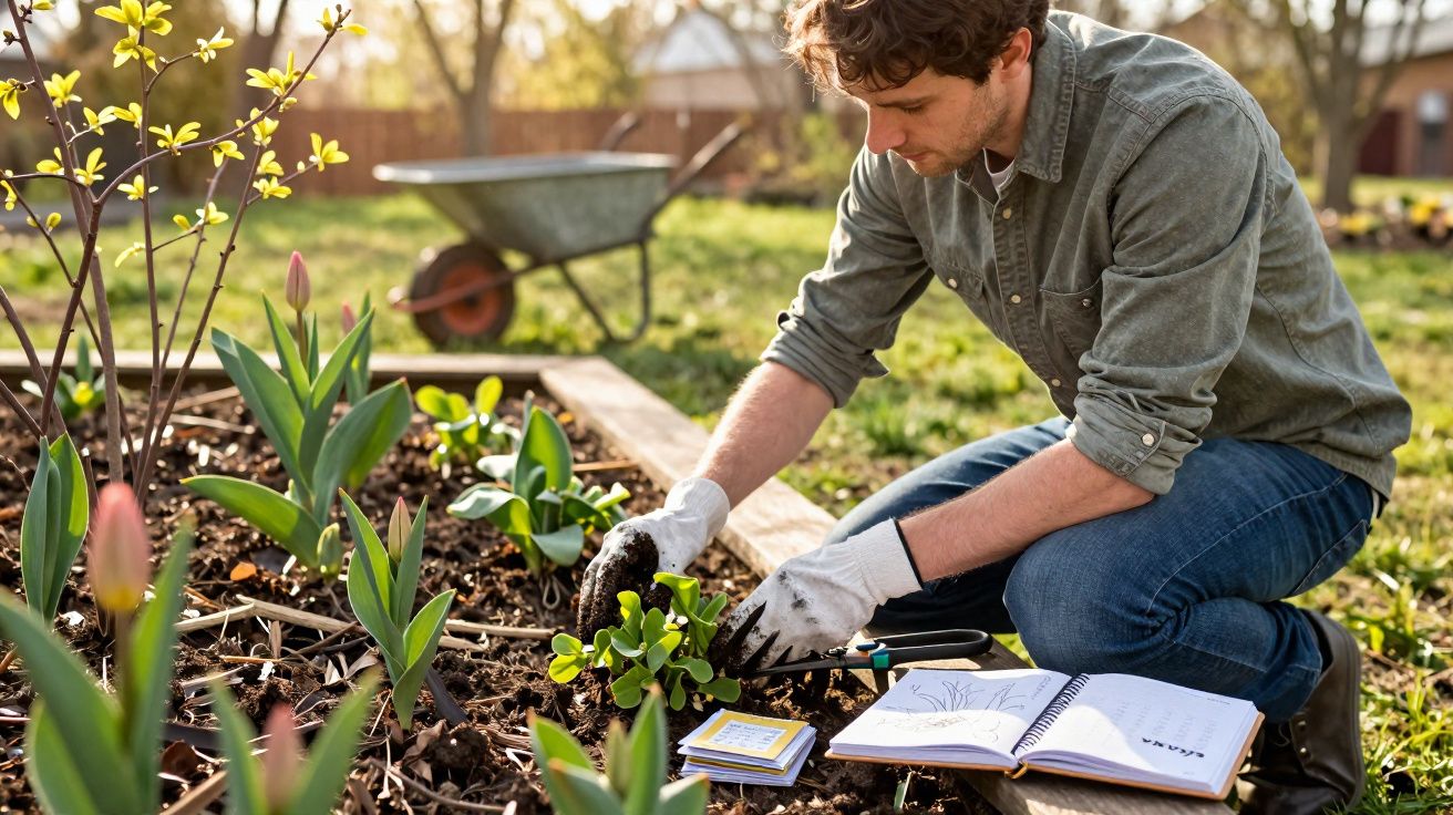 Homem a cuidar de plantas num canteiro, com luvas, ao lado de um caderno aberto e uma carrinha de mão.