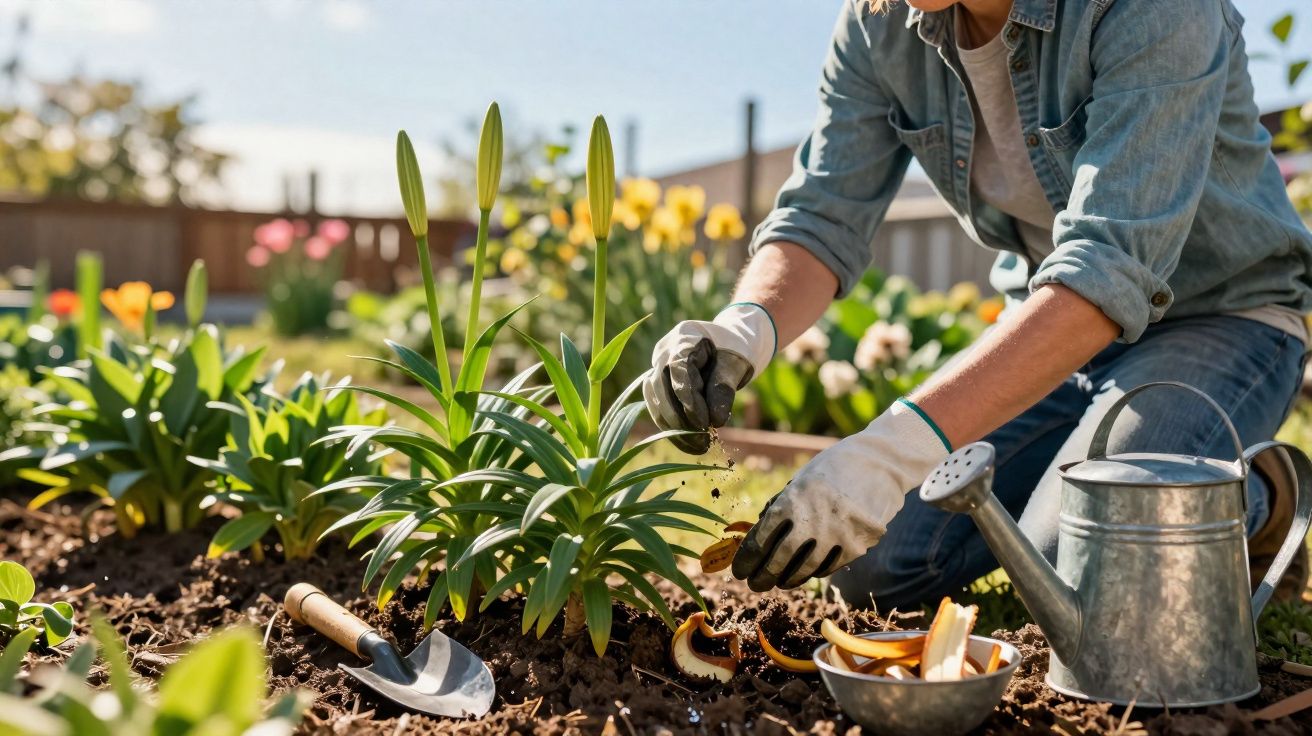 Pessoa a cuidar de plantas numa horta, removendo folhas secas, com regador e utensílios ao lado.