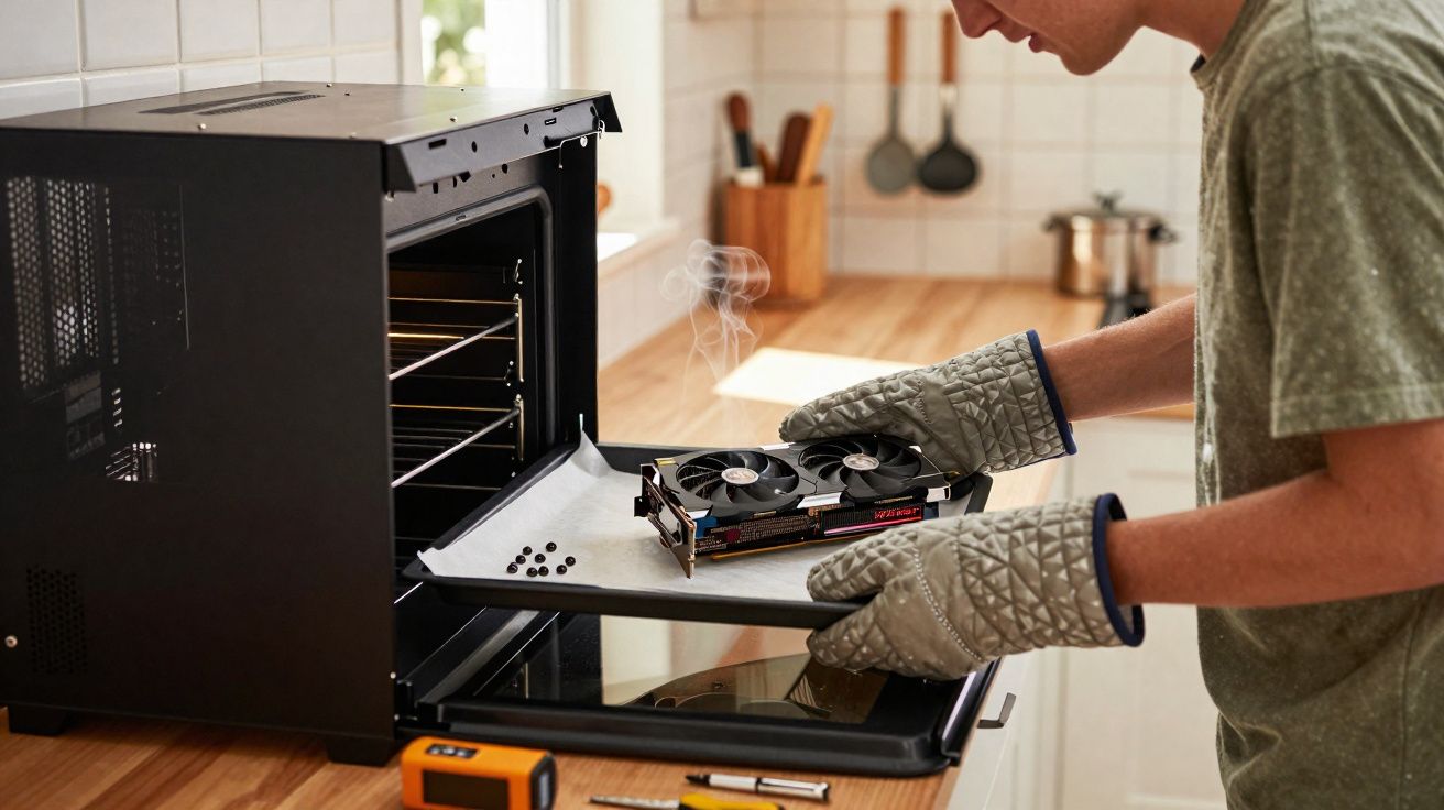 Pessoa a aquecer componente de computador a fumegar dentro de forno numa cozinha.