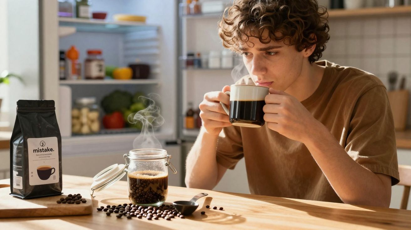 Homem jovem a cheirar uma chávena de café numa cozinha com grãos e embalagem de café sobre a mesa.