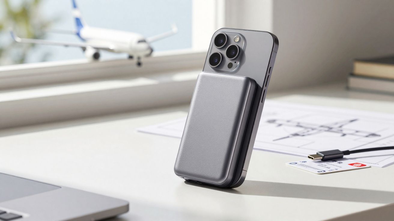 Smartphone com power bank magnético cinzento apoiado numa secretária perto de uma janela com avião em fundo desfocado.