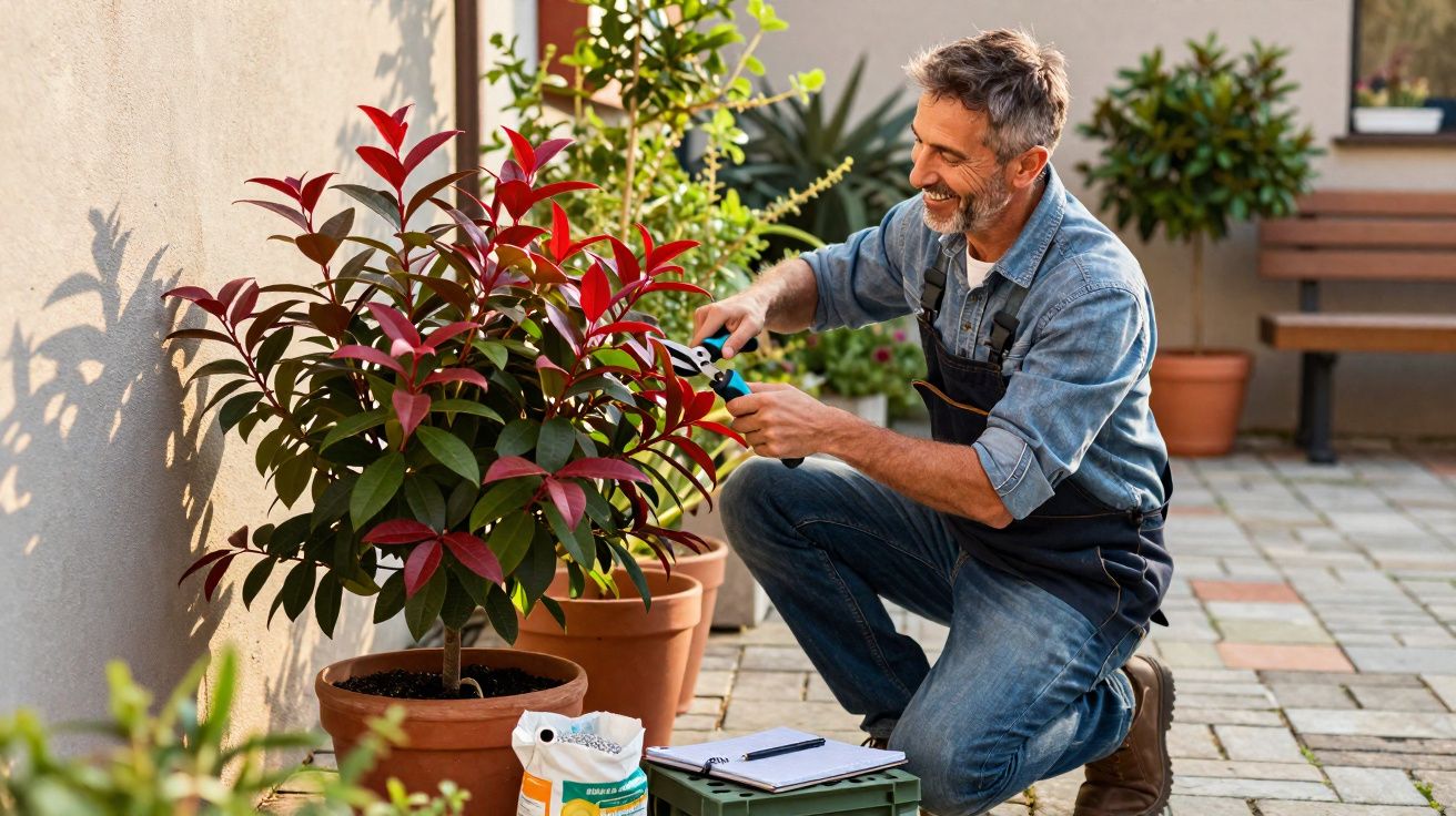 Homem a podar planta em vaso num jardim exterior, sorrindo e usando avental de jardinagem.