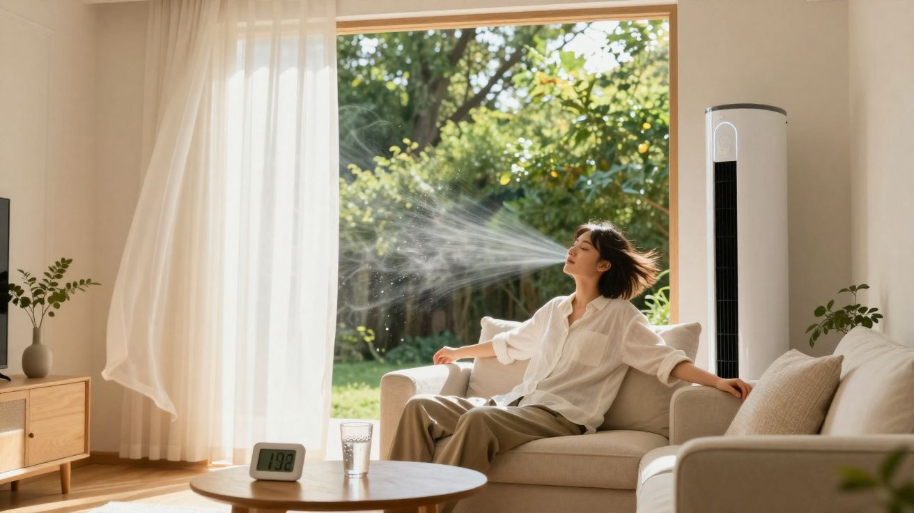 Mulher relaxa no sofá com o rosto voltado para ventilador de torre, num ambiente luminoso junto à janela aberta.