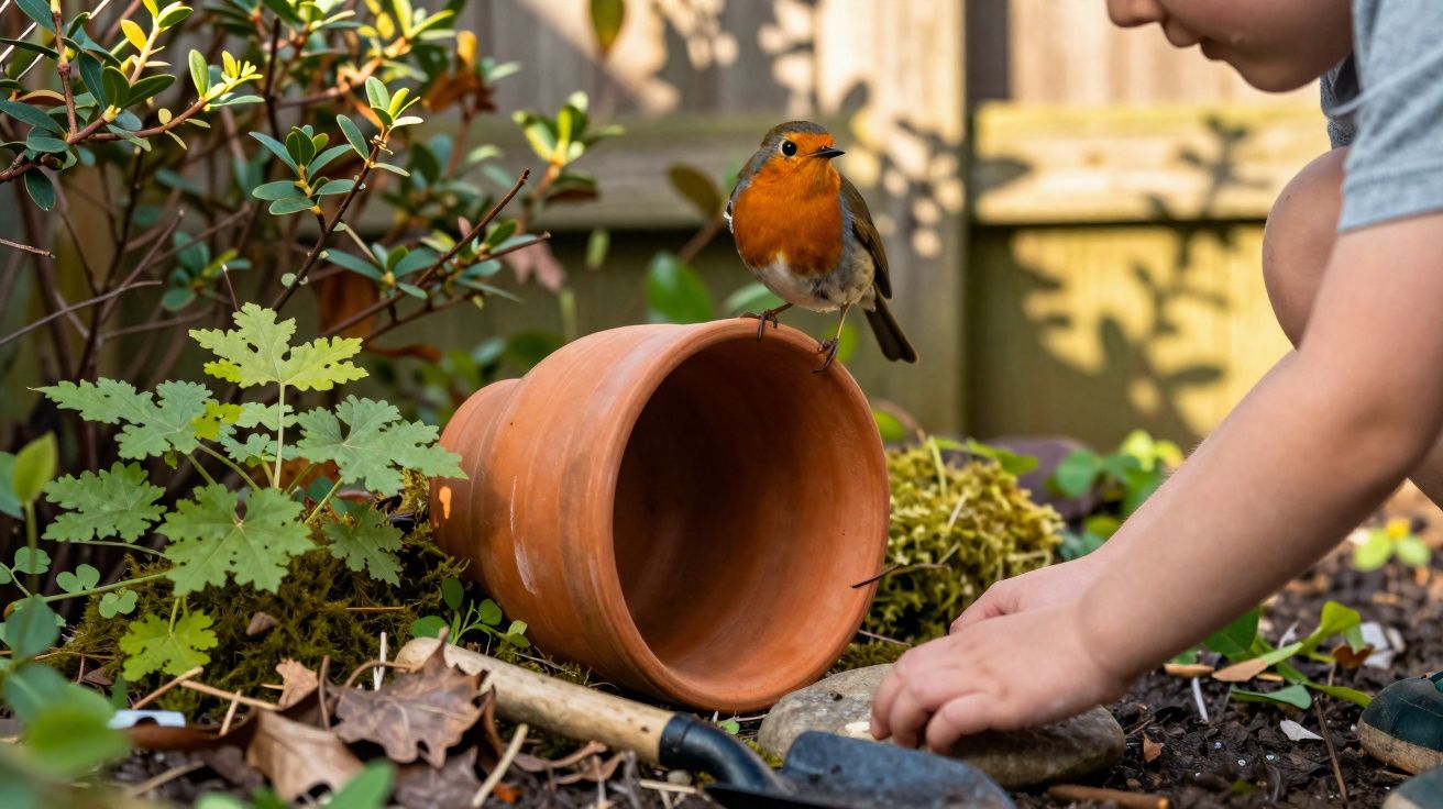 Um pardal pousado num vaso de barro, perto das mãos de uma criança que mexe na terra num jardim.