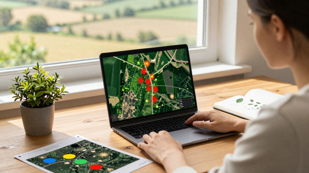 Pessoa a analisar mapas agrícolas com dados vermelhos num computador portátil junto a plantas e documentos numa mesa de madei