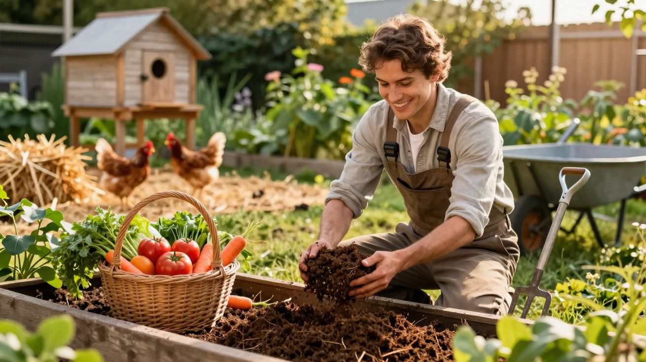Homem a cultivar a terra numa horta com legumes frescos num cesto ao lado e galinhas ao fundo.