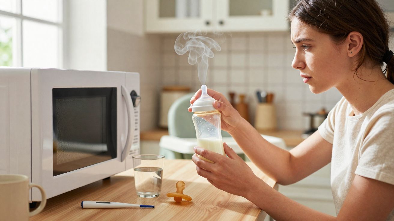Mulher segura biberão com leite quente a sair vapor, sentada à cozinha junto a micro-ondas.