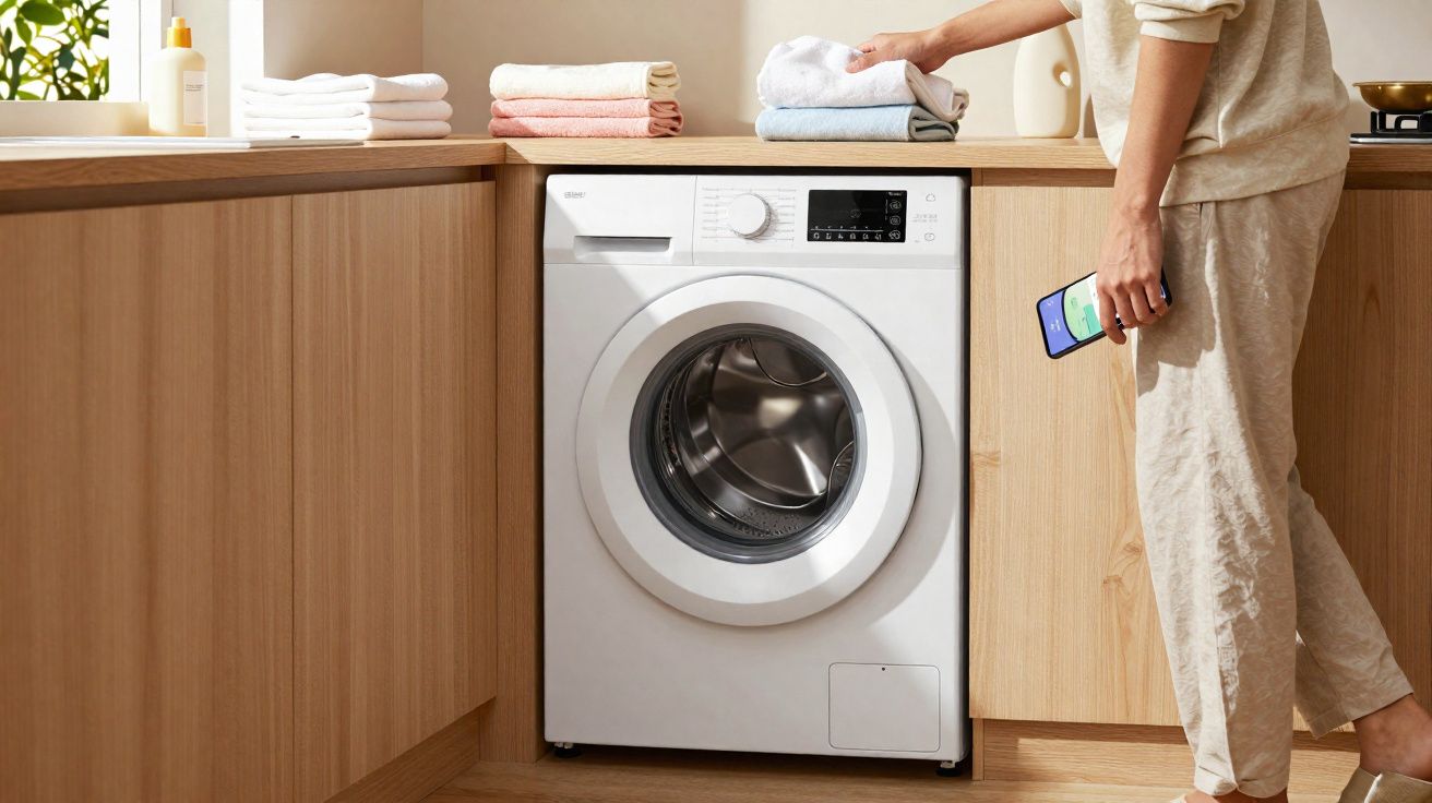 Pessoa a colocar roupa na máquina de lavar roupa branca numa cozinha moderna de madeira clara.