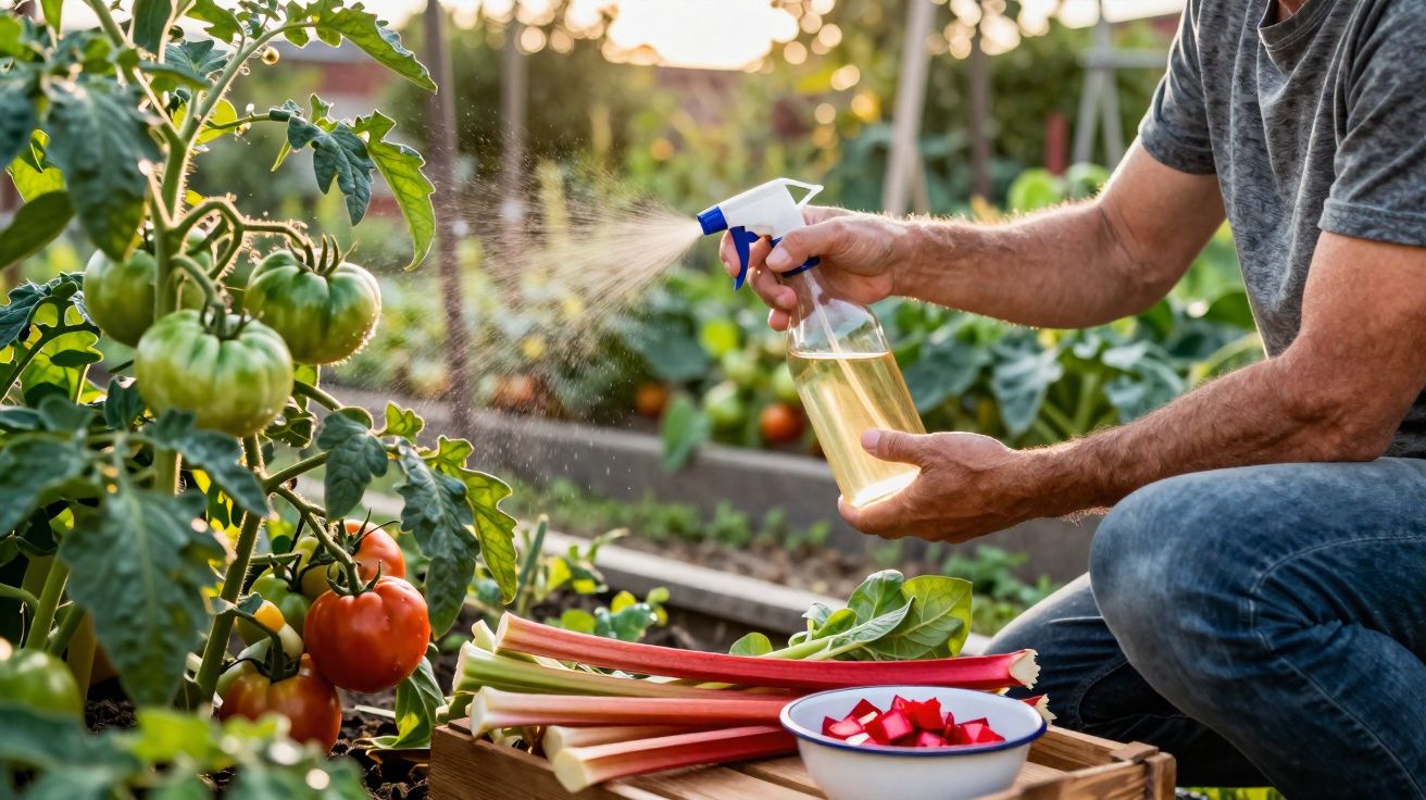 Pessoa a pulverizar plantas de tomate num jardim, com talos e pedaços de raba de chuchu numa caixa de madeira.