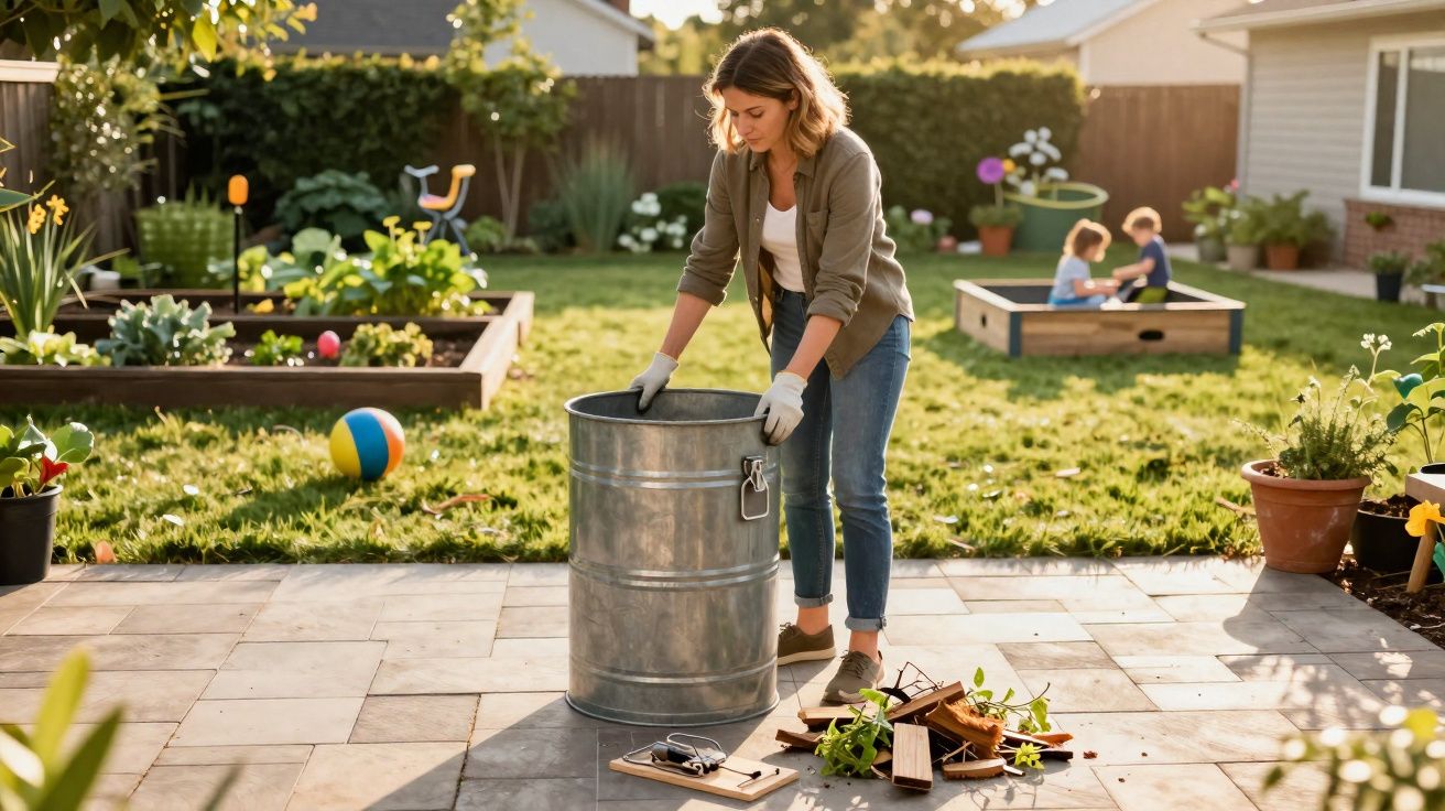 Mulher recolhe restos de jardinagem para um contentor metálico num quintal com crianças a brincar ao fundo.