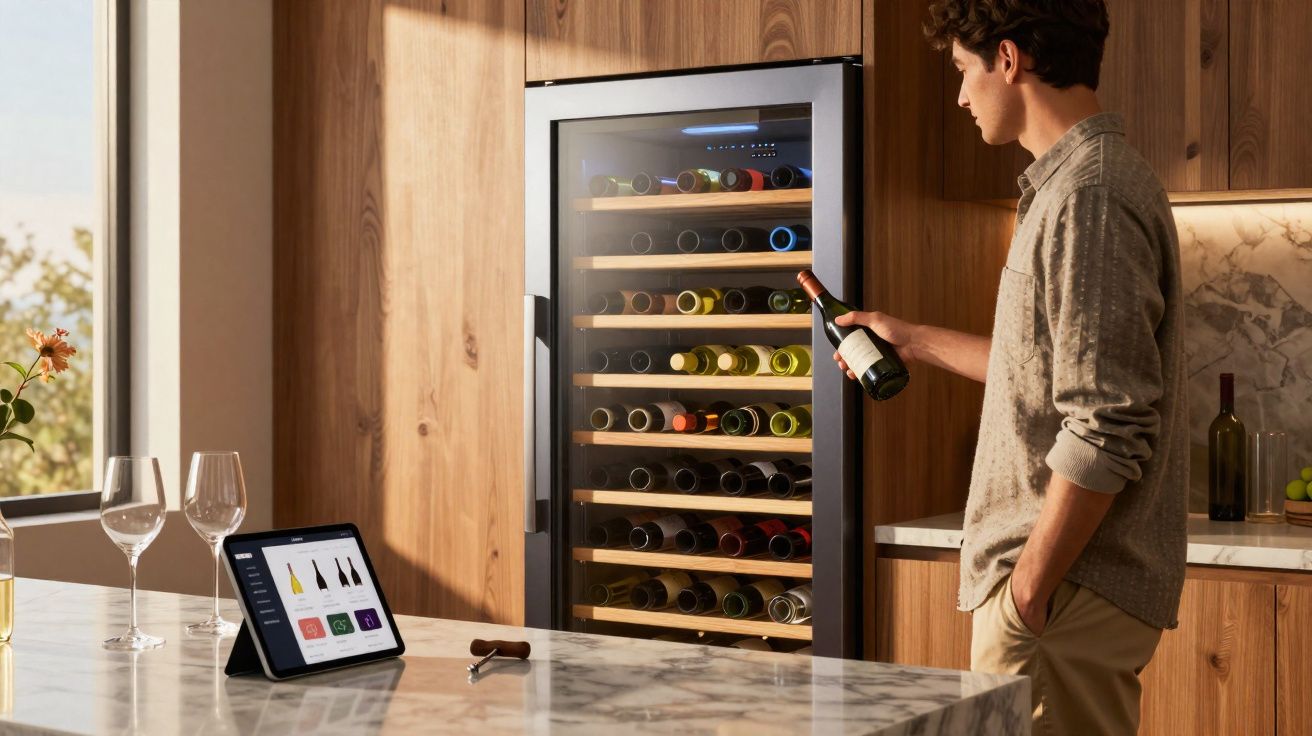 Homem escolhe garrafa numa adega de vinhos embutida numa cozinha moderna em madeira.