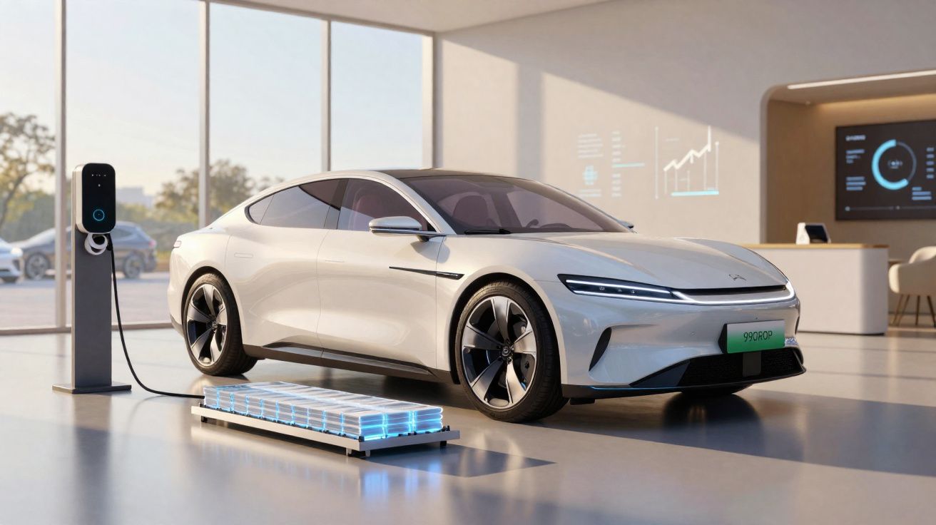 Carro elétrico moderno a carregar numa estação, num interior espaçoso e luminoso com design tecnológico.