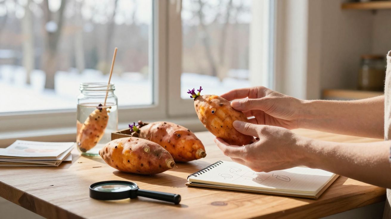 Mãos a examinar batatas-doces com brotos, mesa de madeira com lupa, caderno e frasco, janela ao fundo.