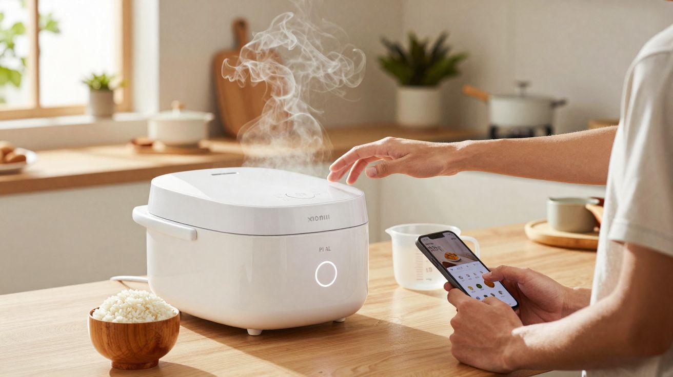 Pessoa a usar um smartphone junto de um robot de cozinha branco a libertar vapor numa cozinha moderna.