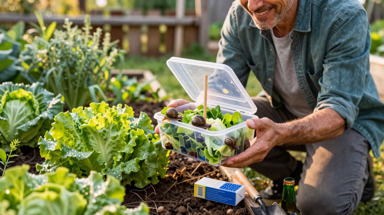 Homem segura caixa transparente com três caracóis sobre folhas verdes numa horta ao ar livre.