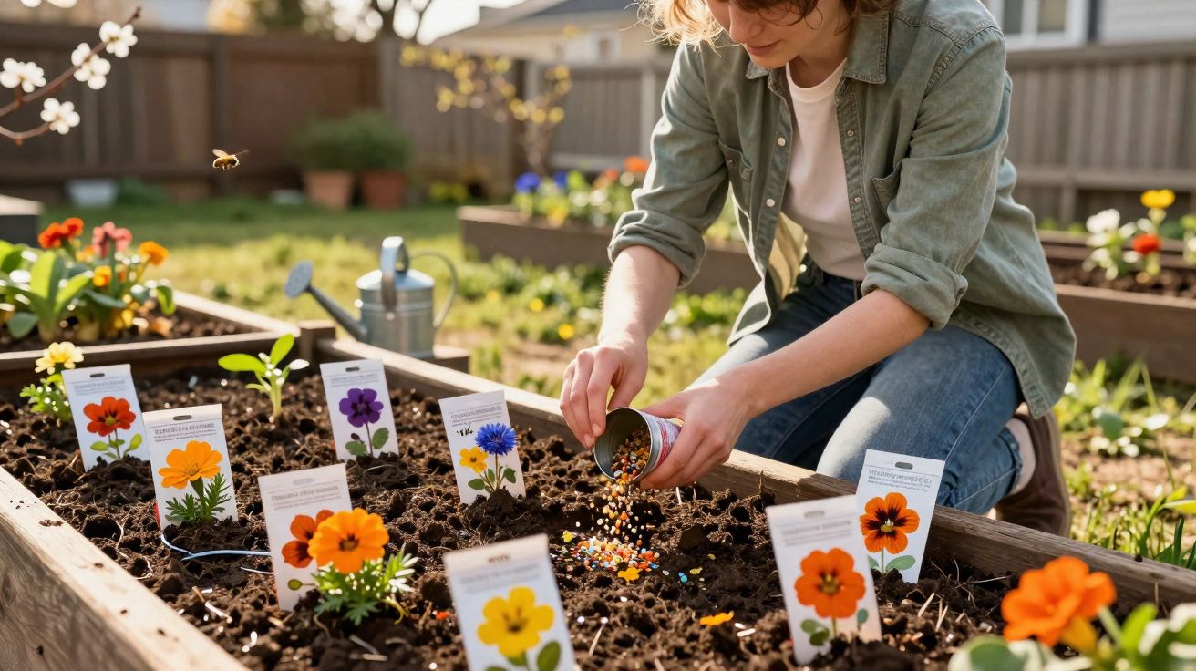 Pessoa a semear sementes em canteiro com etiquetas de flores coloridas no jardim iluminado pelo sol.