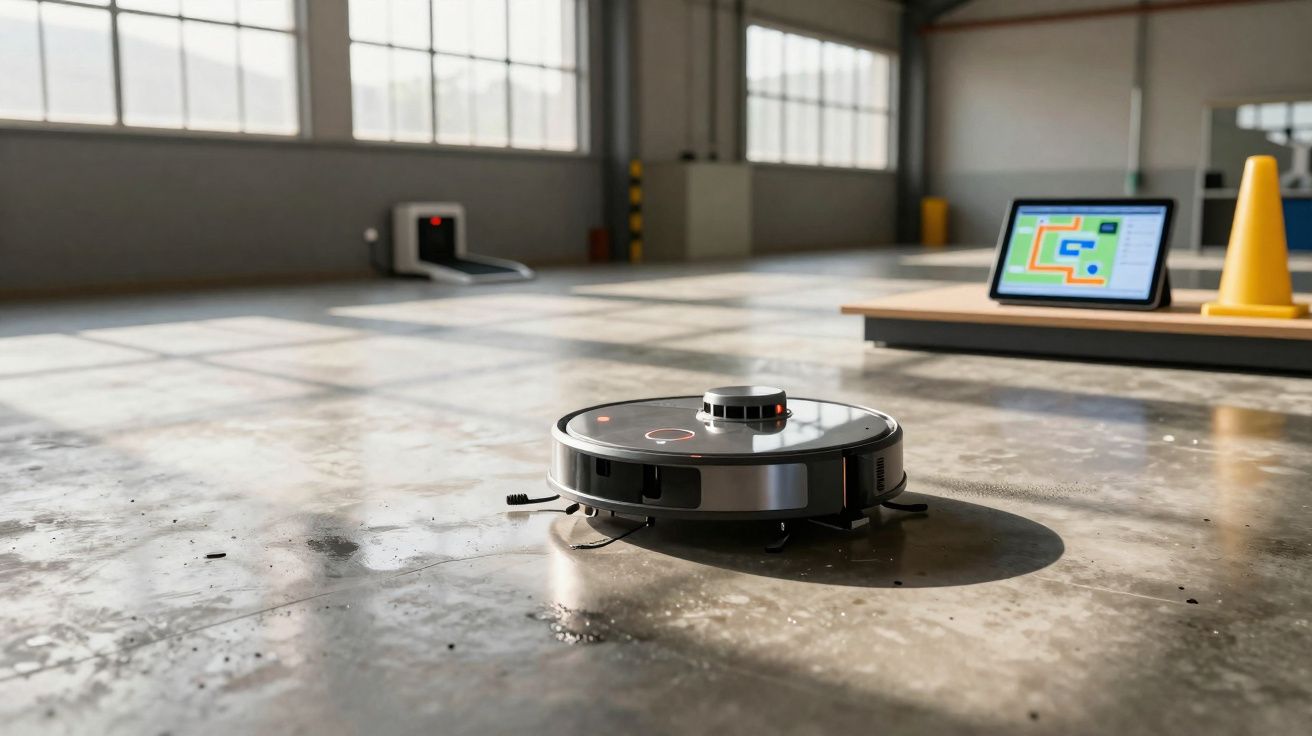 Robô aspirador a limpar chão de um espaço amplo com janelas grandes e ecrã táctil ao fundo.