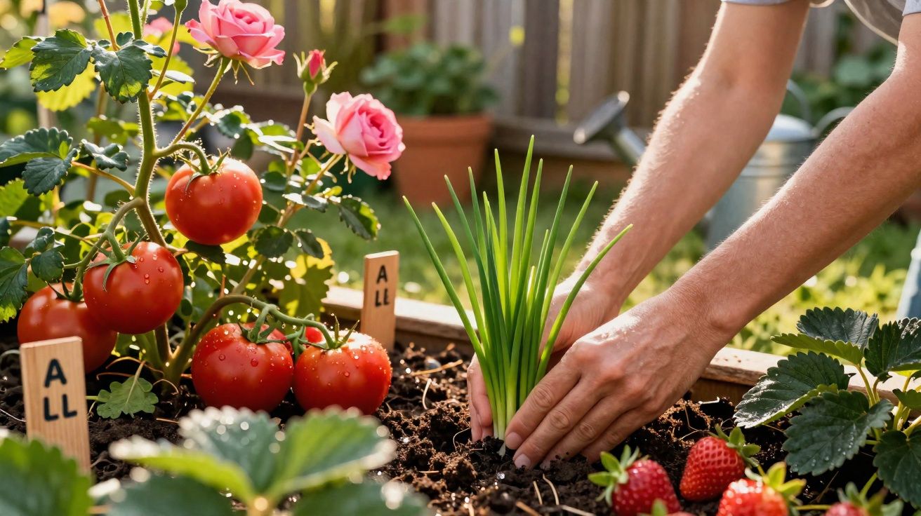 Mãos a plantar ervas aromáticas numa horta com tomateiros, rosas e morangos maduros ao redor.