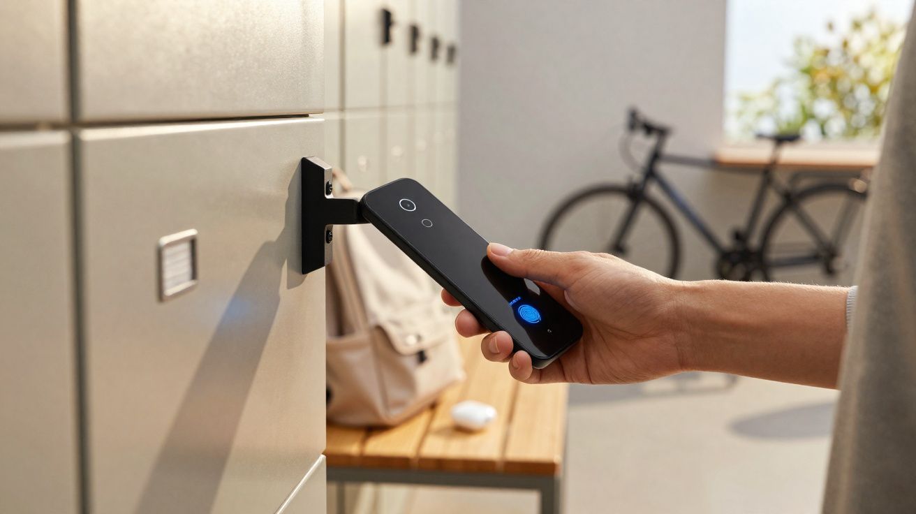 Pessoa a usar dispositivo portátil para abrir cacifo num corredor interior com bicicleta ao fundo.