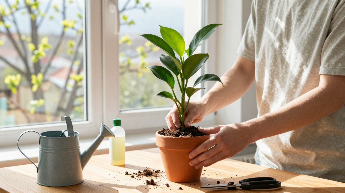 Pessoa a transplantar planta em vaso de barro num ambiente luminoso, junto a uma janela com regador e tesoura à mesa.