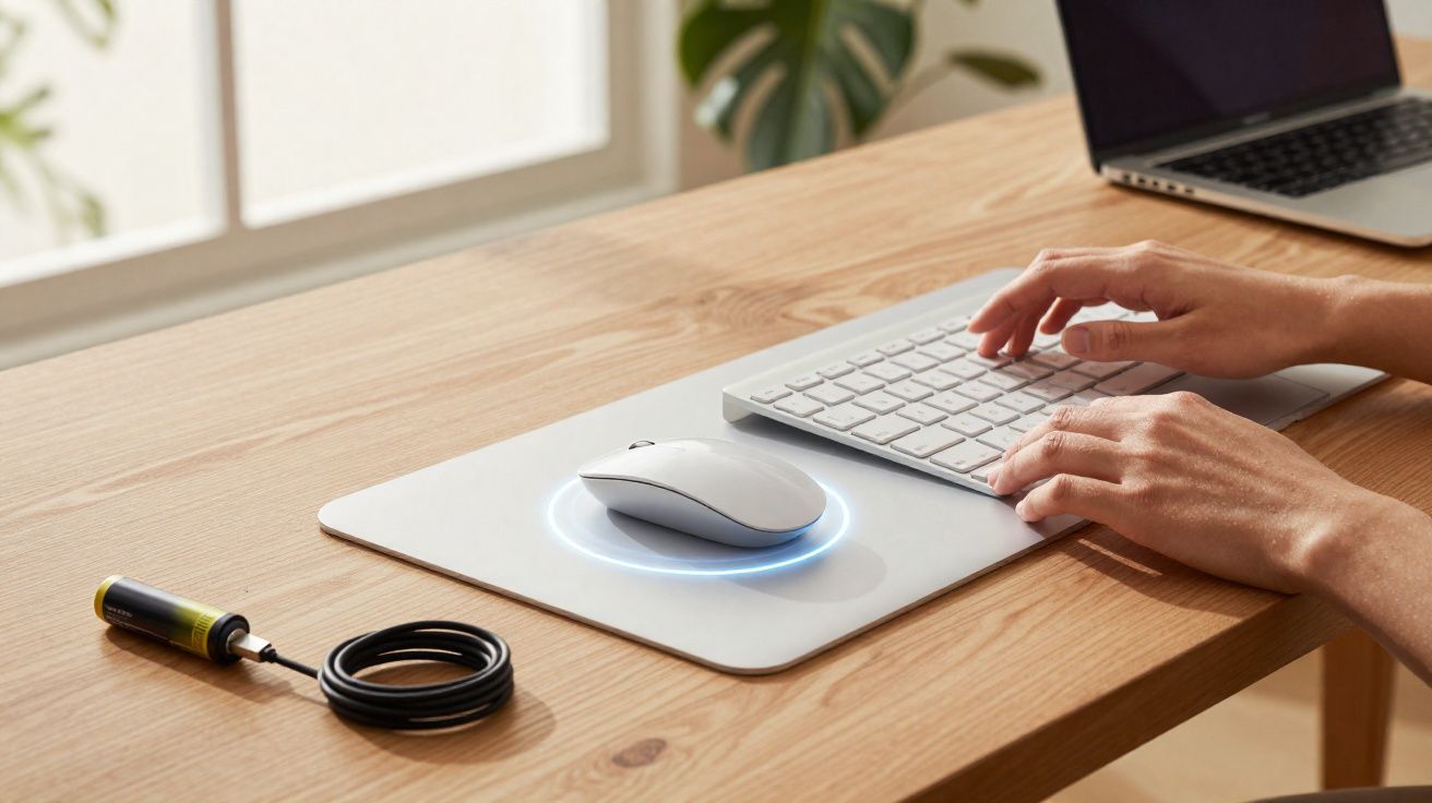Mãos a usar teclado sem fios junto a rato branco num tapete de carregamento com bateria AA a carregar sobre mesa de madeira.
