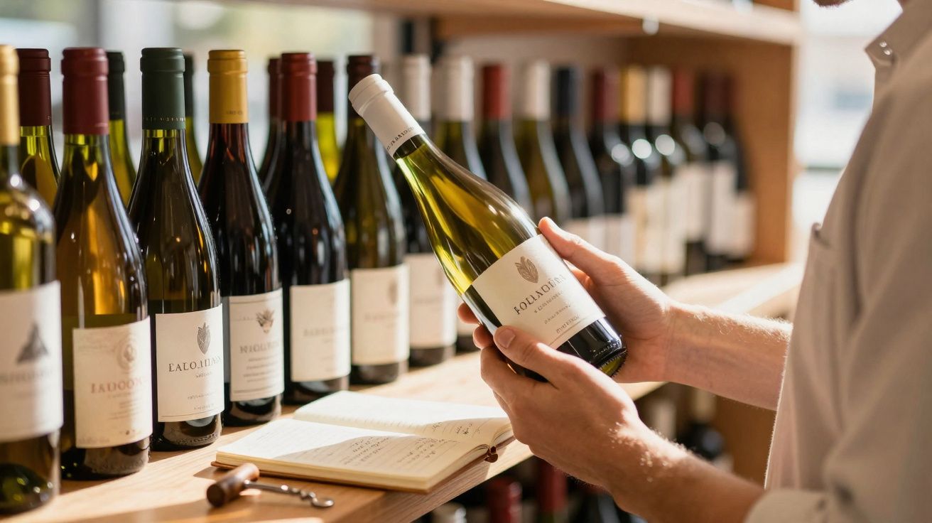 Pessoa a segurar garrafa de vinho branco numa adega com várias garrafas alinhadas e caderno aberto.