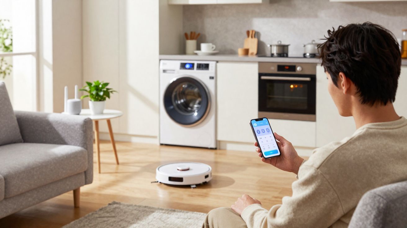 Pessoa controla aspirador robô com aplicação móvel numa sala de estar moderna com cozinha ao fundo.