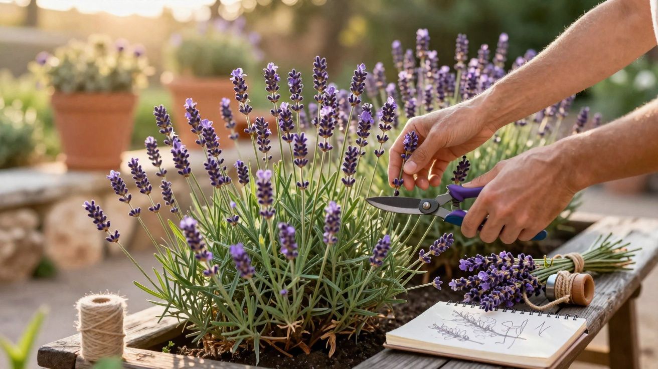 Pessoa a cortar flores de lavanda num vaso, com caderno de desenho e novelo de fio na mesa.