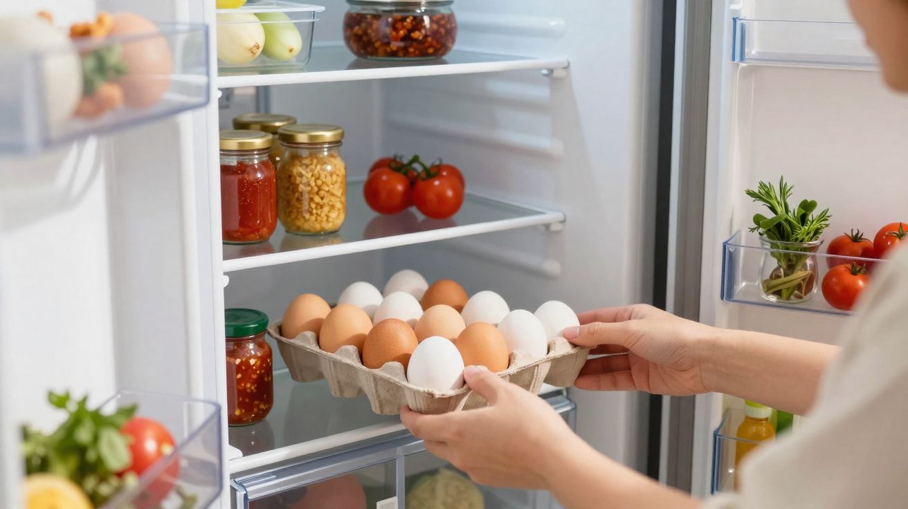 Pessoa a guardar tabuleiro de ovos branco e castanho dentro de frigorífico com legumes e frascos.