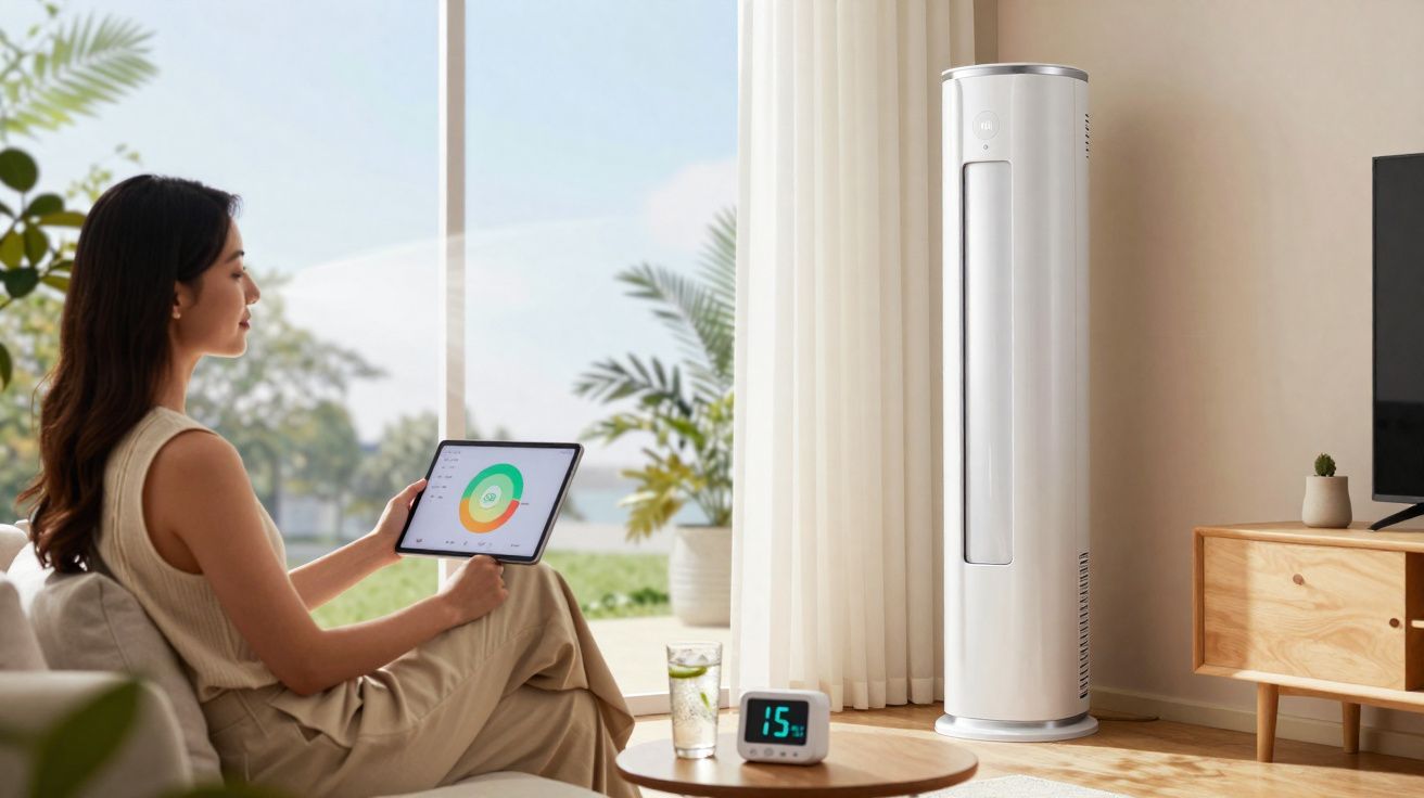 Mulher sentada no sofá controla ar condicionado com tablet, ambiente luminoso com mobilia moderna e plantas.