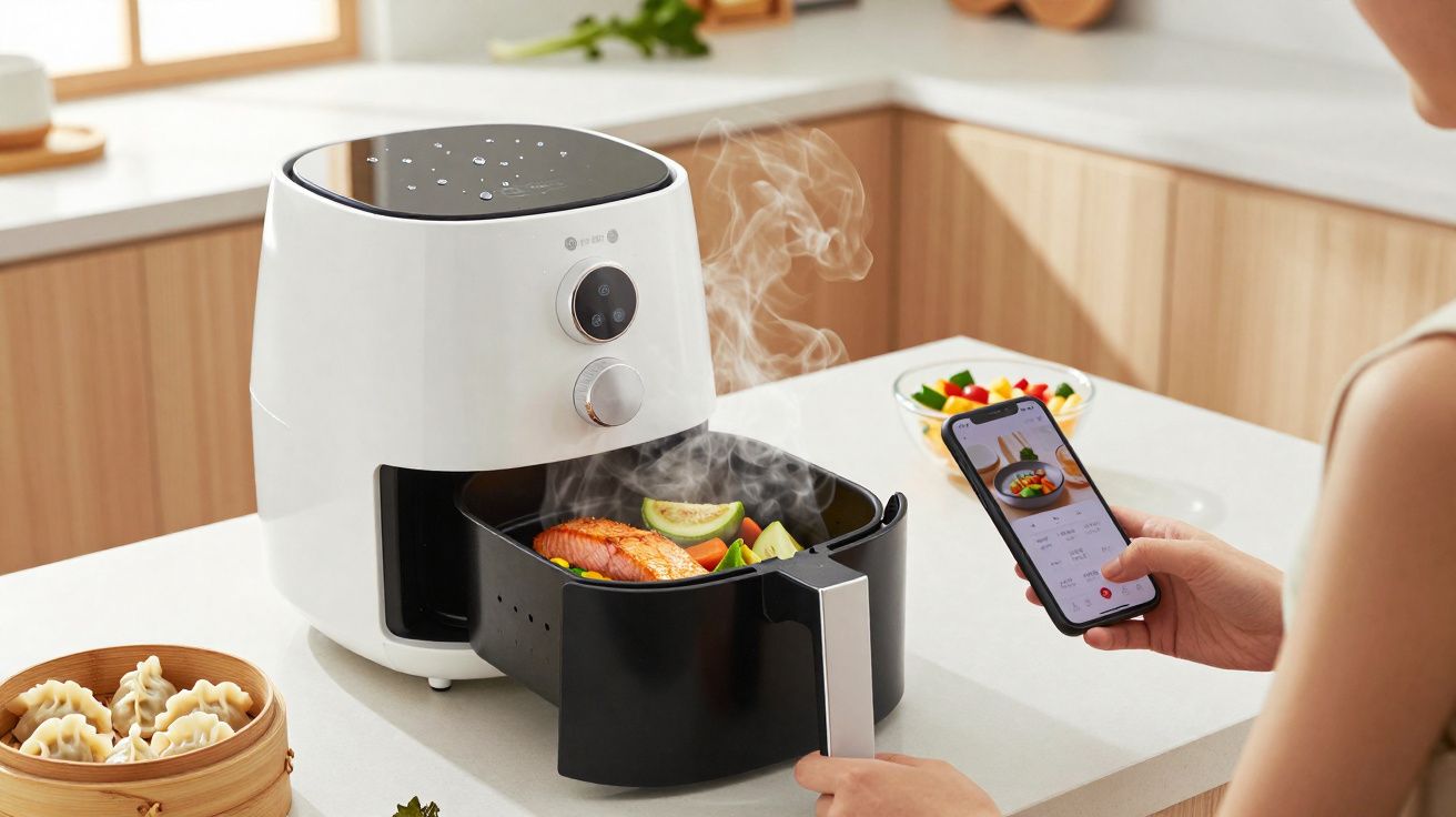 Máquina de cozinha inteligente a cozinhar salmão com legumes enquanto pessoa verifica receita no telemóvel.