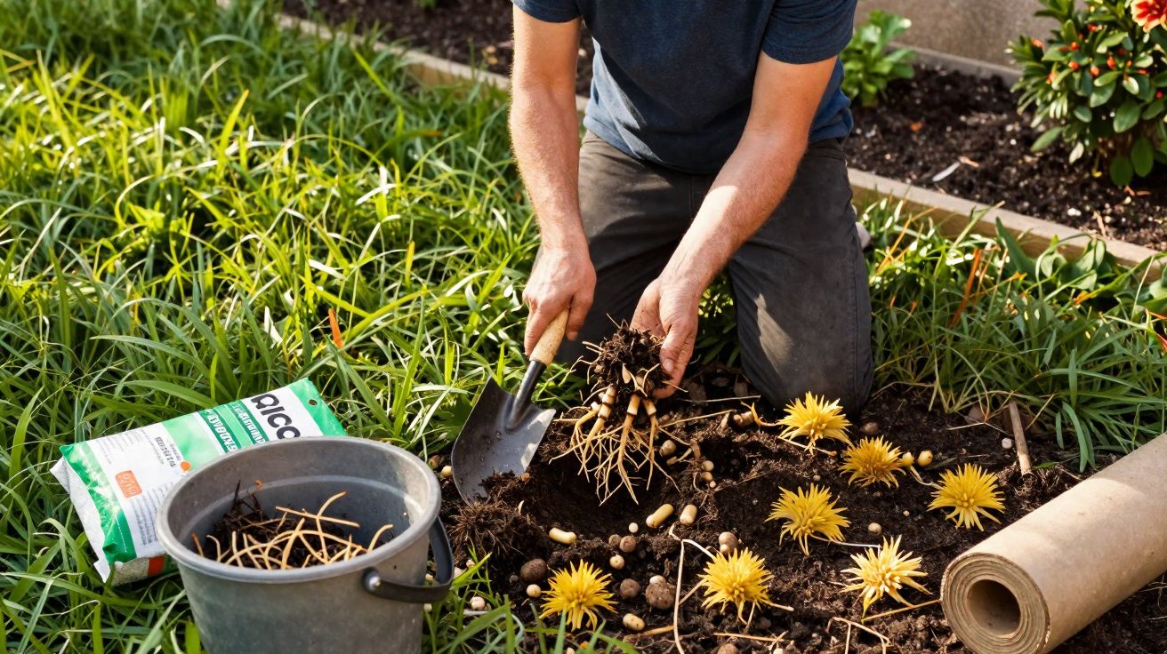 Pessoa a transplantar flores amarelas num jardim com ferramentas e balde ao lado.
