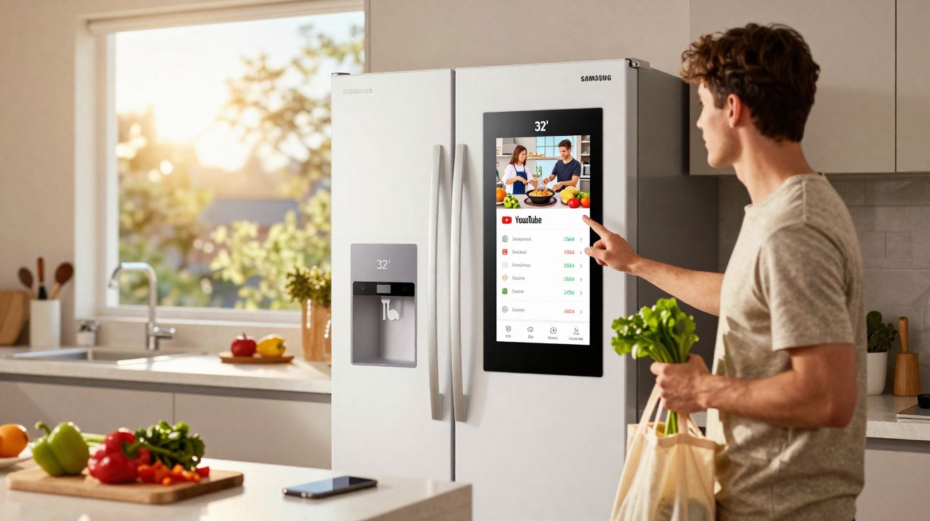 Homem a usar frigorífico Samsung com ecrã tátil interativo na cozinha moderna.