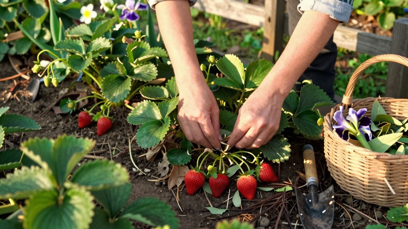 Mãos colhendo morangos maduros num jardim, com uma cesta com flores ao lado.